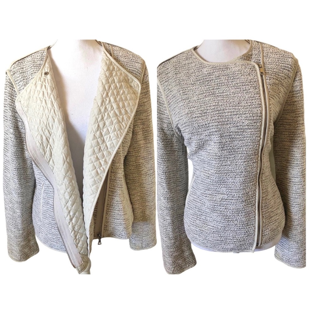 AnnTaylor Black Gray White Tweed moto jacket Size 14